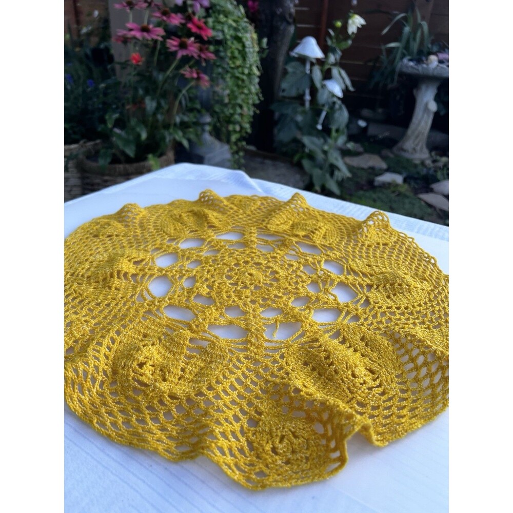Vintage Hand Crocheted Mustard Yellow Doily 17” Raised Floral Lace Cotton Decor